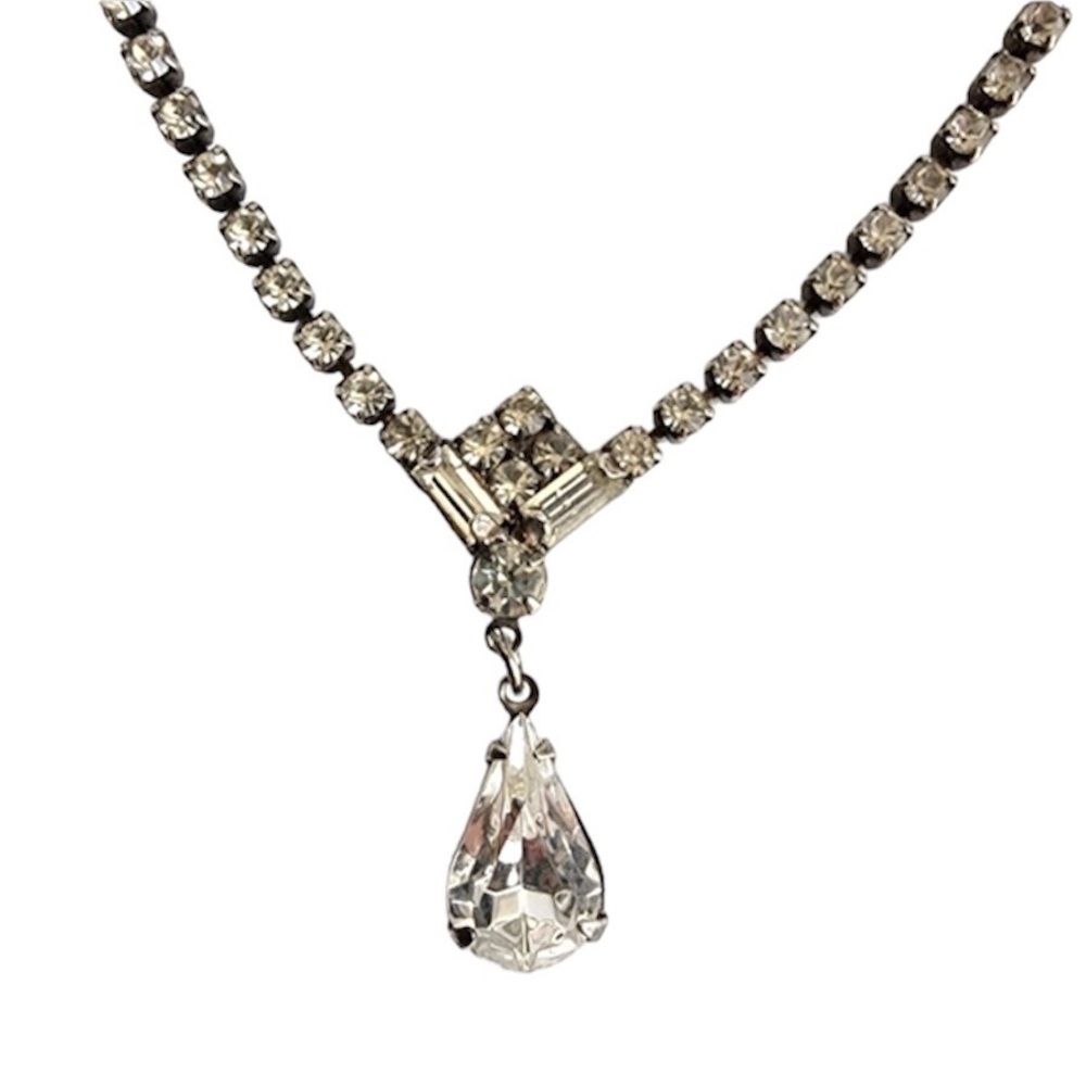 Vintage Rhinestone Necklace Teardrop Pendant Cocktail Party 50s 60s‎ Prom